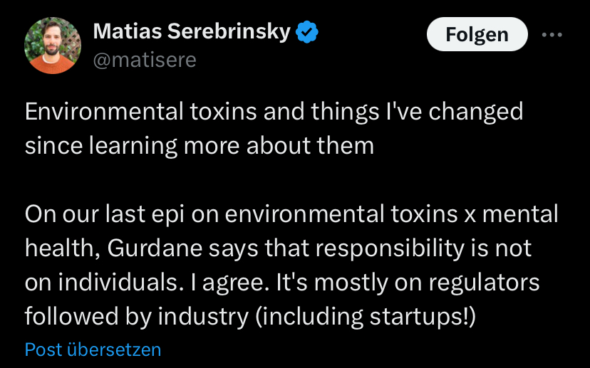 Post on X about the lack of a good environmental health tracking solution by Matias Serebrinsky.